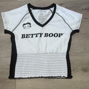 Betty Boop Fleischer‎ Studios White Black Smocked Ringer V-Neck Graphic Top M